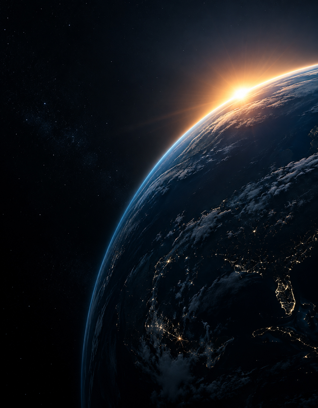 The curve of the earth lit along the horizon