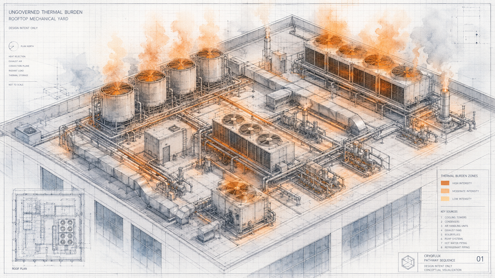 Commercial building rooftop mechanical yard -- large HVAC units, cooling towers, exhaust fans, piping networks with amber and orange thermal burden rising from equipment surfaces. Thermal burden zones legend: high intensity, moderate intensity, low intensity. Blueprint watercolor doctrine. Design intent only.