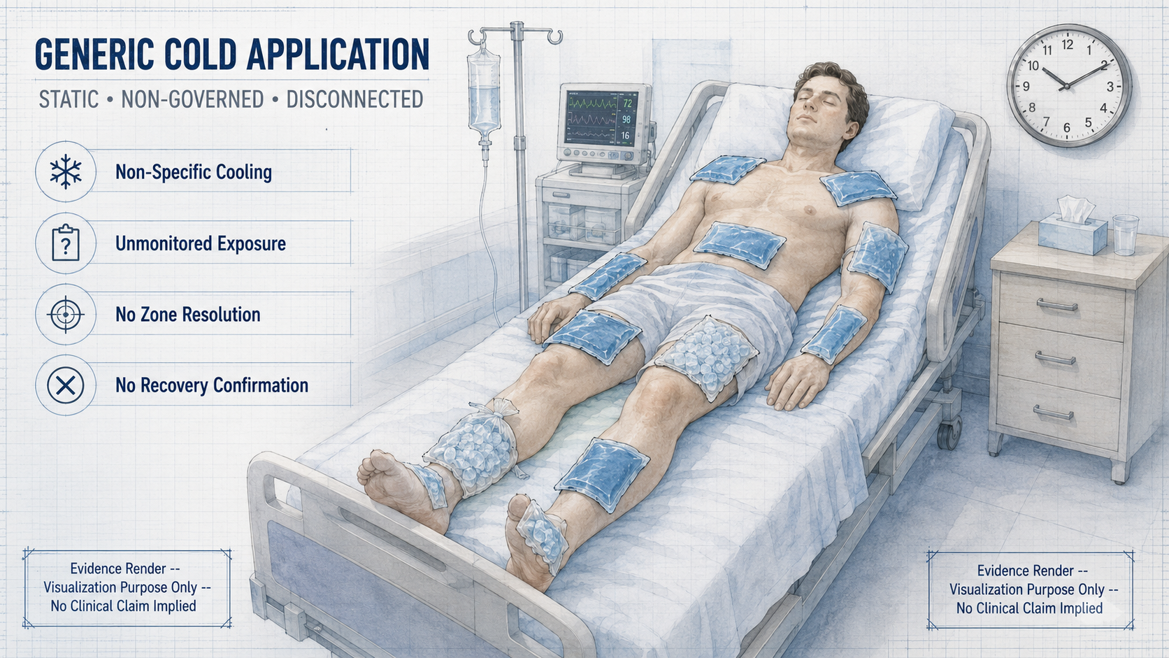Generic cold application -- fictitious illustrated patient with static ice packs placed without zone logic. Non-Specific Cooling, Unmonitored Exposure, No Zone Resolution, No Recovery Confirmation. Clock visible -- time passing without governance. Blueprint watercolor doctrine. Evidence render -- visualization purpose only -- no clinical claim implied.