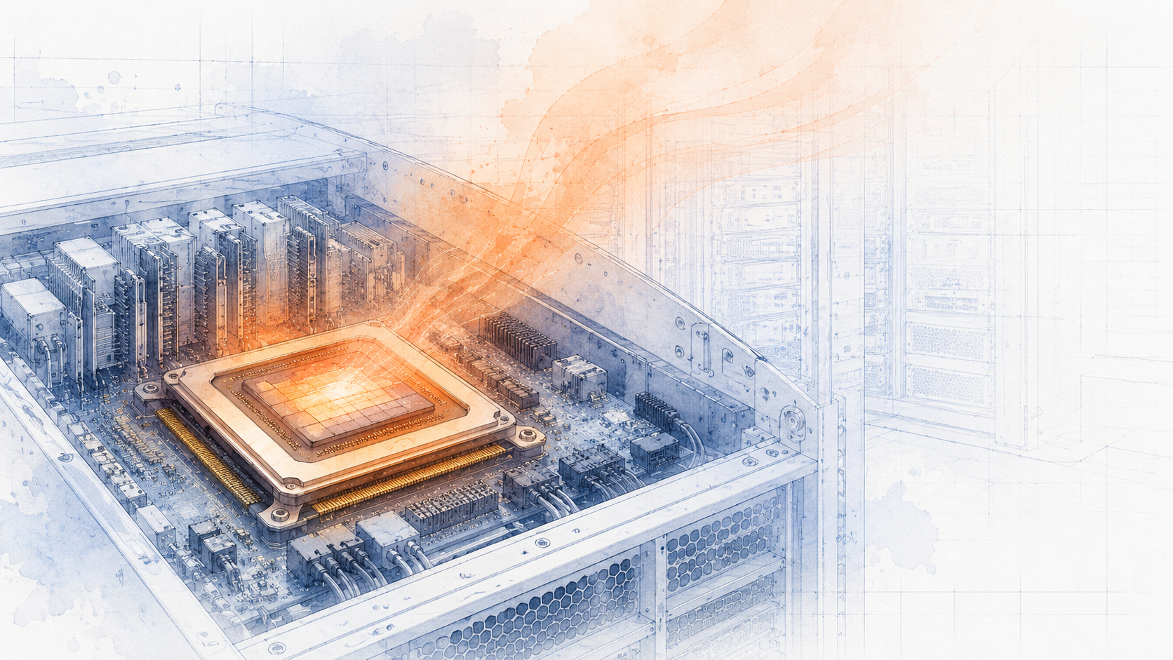 Close-up GPU package in server rack -- orange amber thermal plume rising ungoverned from the compute source. Watercolor blueprint style.