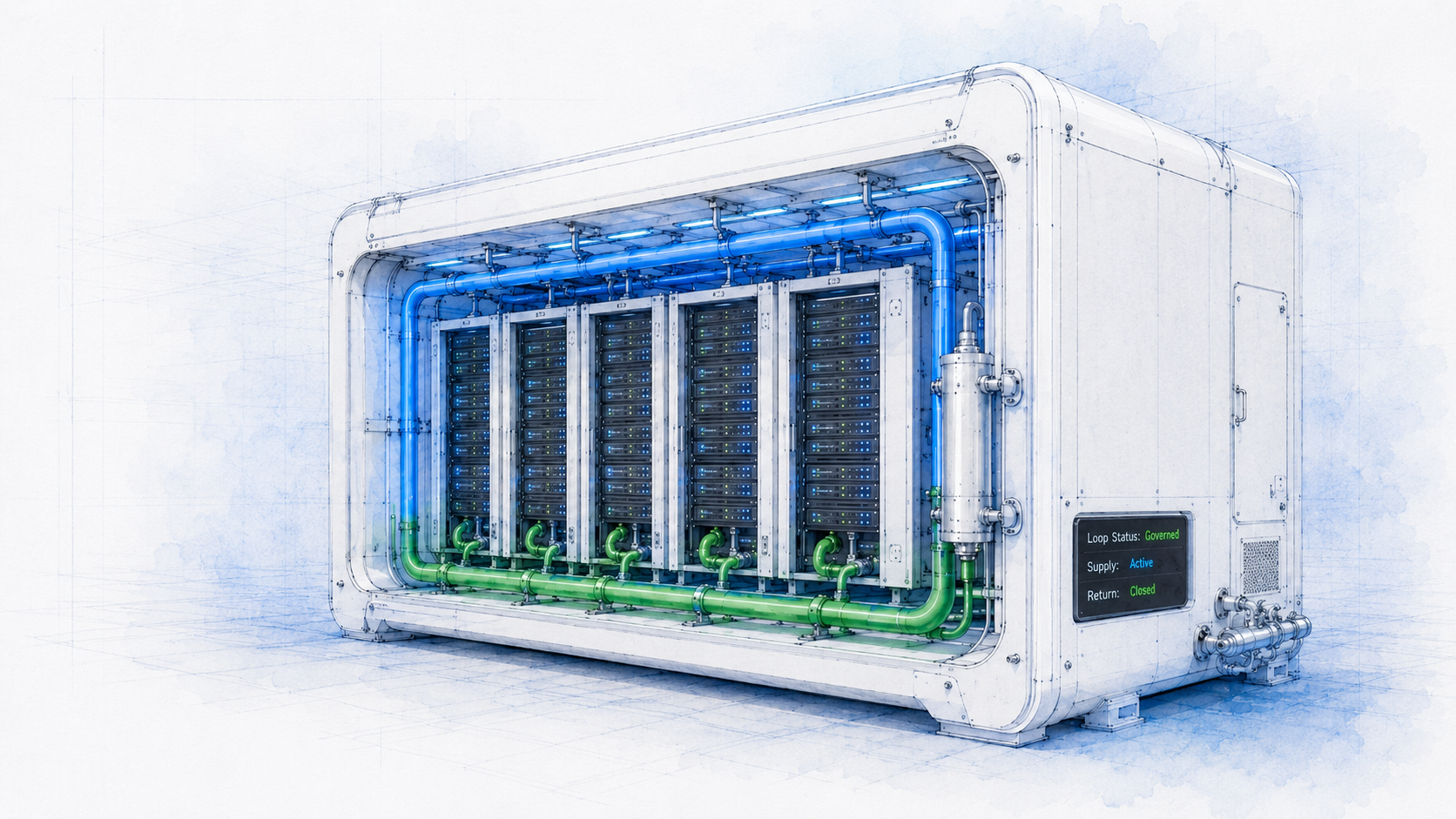 CryoVault governed compute enclosure -- sealed cutaway showing CryoBlue supply lines top, CryoGreen return lines bottom, rack arrays in governed cold state. Loop Status Governed, Supply Active, Return Closed.