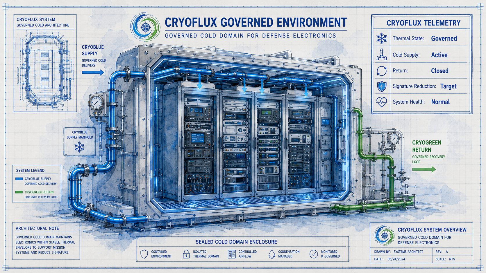 CryoFlux governed defense electronics installation -- rack-mounted systems in governed cold environment. CryoBlue supply lines active. CryoGreen return loop closed. Telemetry panel: Thermal State Governed, Cold Supply Active, Return Closed, Signature Reduction Target, System Health Normal. Blueprint watercolor doctrine. Design intent only.