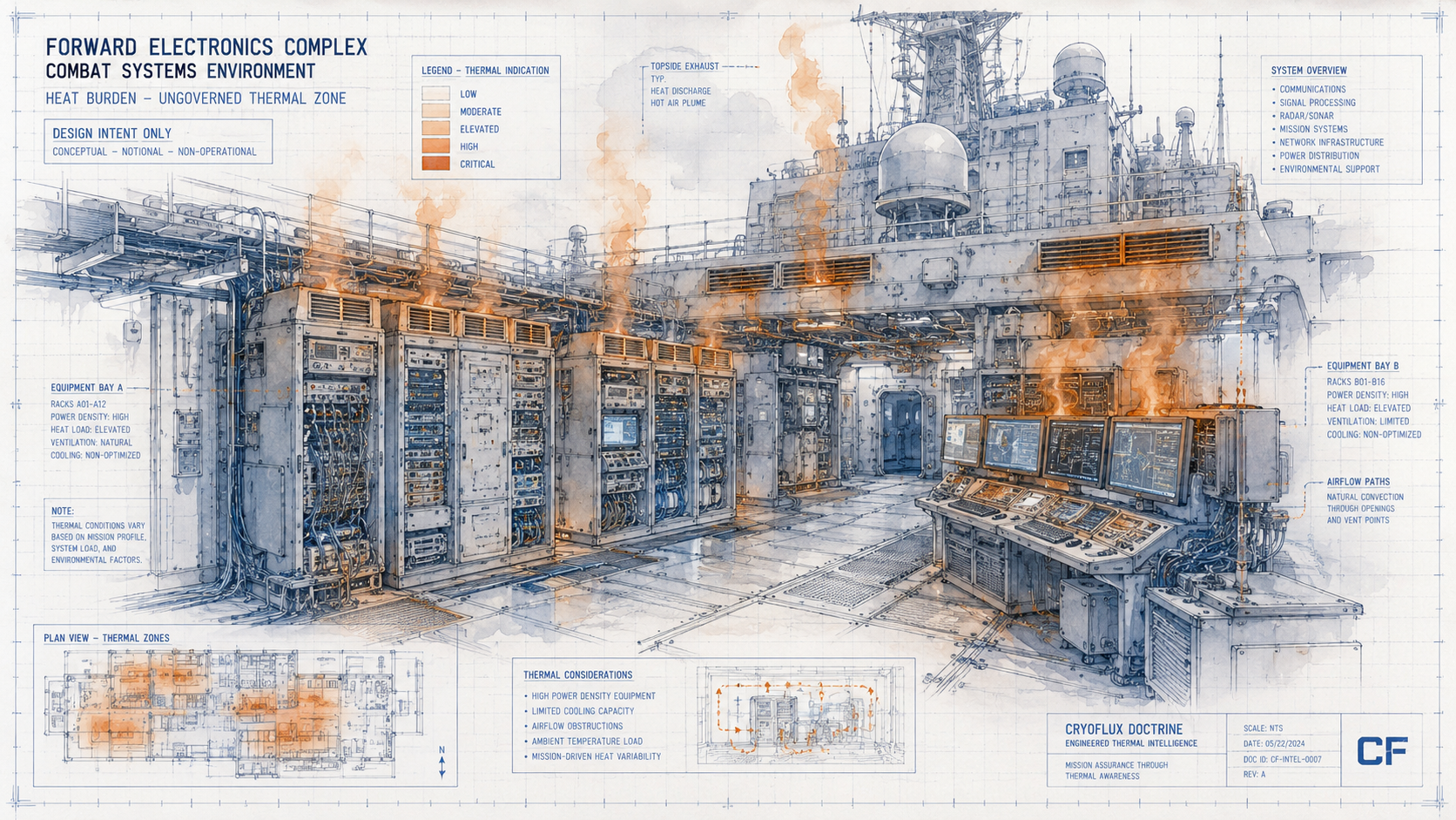 Military electronics installation -- forward operating base or shipboard combat systems environment. Dense rack-mounted electronics with amber and orange thermal burden rising from equipment surfaces. Blueprint watercolor doctrine. Design intent only.