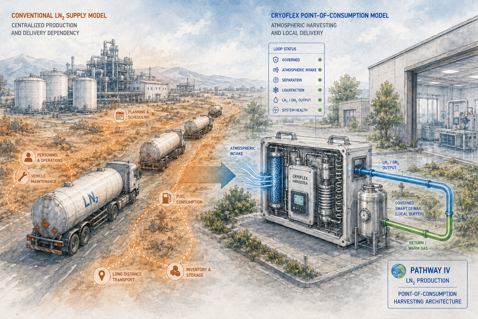 CryoFlux LN2 Production Lane -- Conventional LN2 supply model on the left showing centralized production and delivery dependency chain; CryoFlex Point-of-Consumption Model on the right showing atmospheric harvesting and local delivery with governed smart dewar.