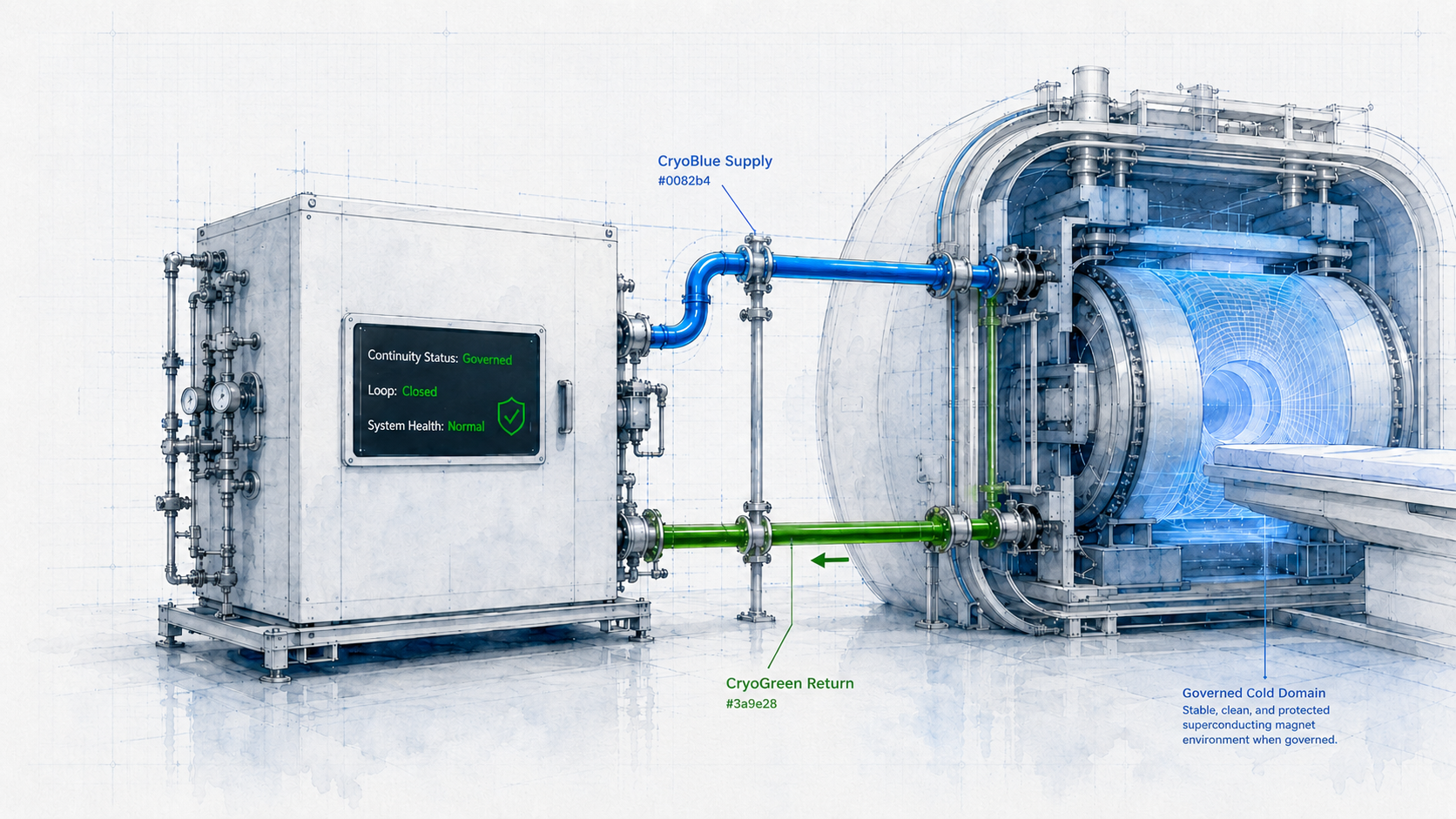 CryoFlux Continuity Interface Module with governed state panel showing Continuity Status Governed, Loop Closed, System Health Normal. CryoBlue supply and CryoGreen return lines connecting to MRI magnet cryostat cutaway showing calm superconducting environment. Governed Cold Domain labeled. Watercolor blueprint style.