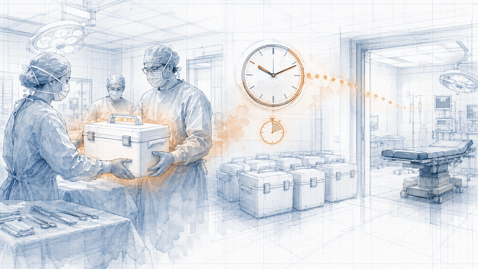 Organ transport burden -- conventional cooler-based transport, time pressure, waitlist scale, and discard rate implied through visual tension. Blueprint watercolor doctrine. Design intent only.