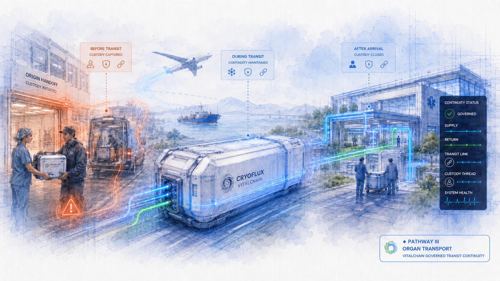 CryoFlux Organ Transport Lane -- VitalChain governed transit continuity. Before Transit: custody captured. During Transit: continuity maintained. After Arrival: custody closed. CryoBlue supply and CryoGreen return with telemetry panel.