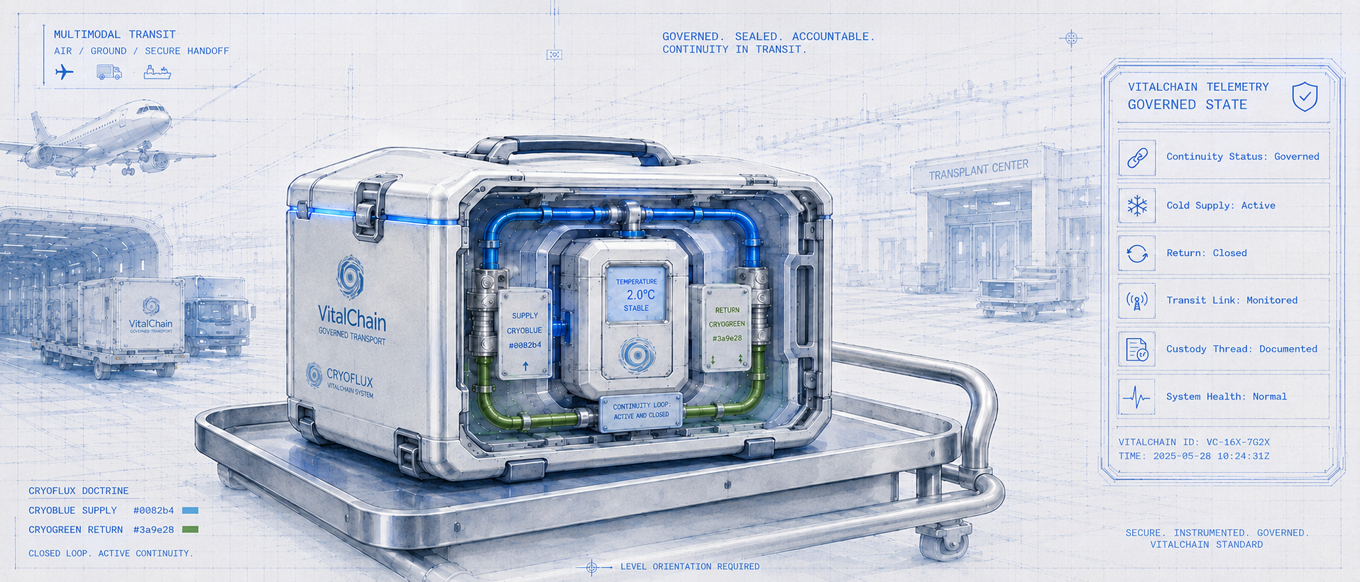 VitalChain governed transport vessel in active transit. CryoBlue supply loop and CryoGreen return loop visible. Telemetry panel: Continuity Status Governed, Cold Supply Active, Return Closed, Transit Link Monitored, Custody Thread Documented, System Health Normal. Multimodal transit context -- air, ground, and sea. Blueprint watercolor doctrine. Design intent only.