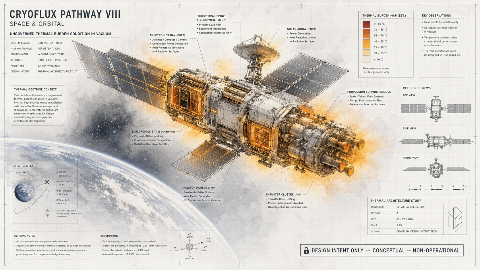 Orbital platform thermal burden in vacuum -- satellite in LEO with amber and orange thermal burden at electronics bays and propulsion zones. No convective path. Design intent only -- conceptual -- non-operational.